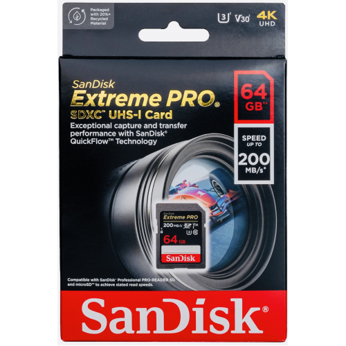 Карта памяти SanDisk Extreme PRO SDXC 64 ГБ Class 10 UHS-I V30 200/90 Мб/с
