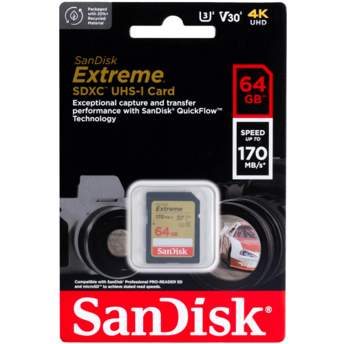 Карта памяти SanDisk Extreme SDXC  064 ГБ Class 10 UHS-I V30 170/80 Мб/с