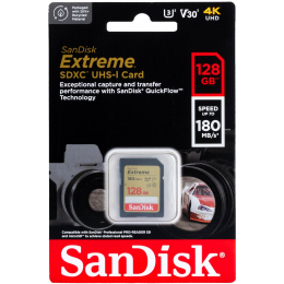 Карта памяти SanDisk Extreme PRO SDXC 128 ГБ Class 10 UHS-I U3 V30 (R/W 180/90 Mb/s)
