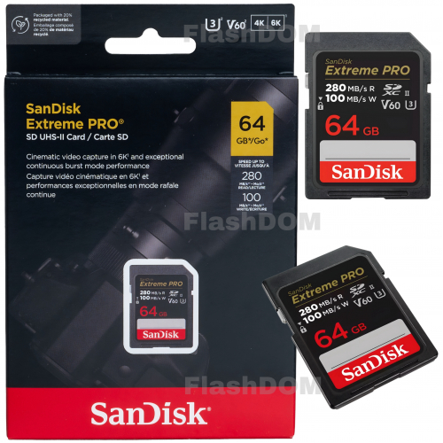 Карта памяти SanDisk Extreme PRO 6K-Video 064 ГБ SDXC Class 10 UHS-II V60, 280/100 Мб/с