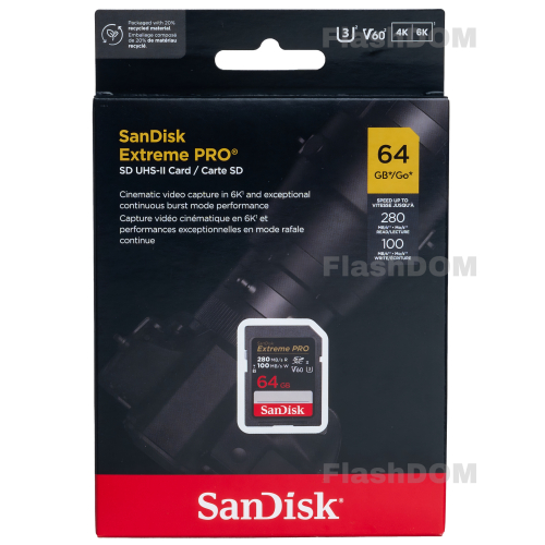 Карта памяти SanDisk Extreme PRO 6K-Video 064 ГБ SDXC Class 10 UHS-II V60, 280/100 Мб/с