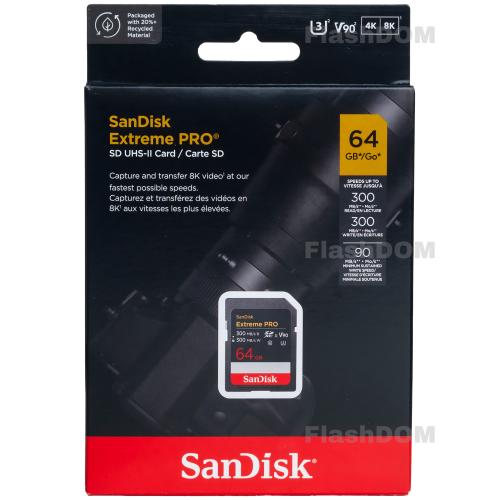 Карта памяти SanDisk Extreme PRO 8K-Video 064 ГБ SDXC Class 10 UHS-II V90, 300/300 Мб/с