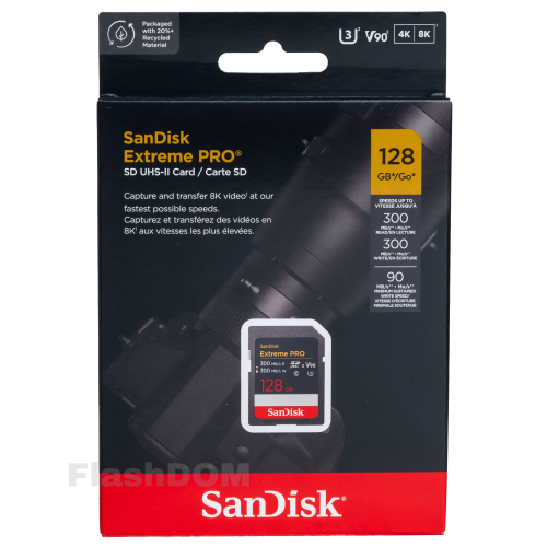 Карта памяти SanDisk Extreme PRO 8K-Video 128 ГБ SDXC Class 10 UHS-II V90, 300/300 Мб/с