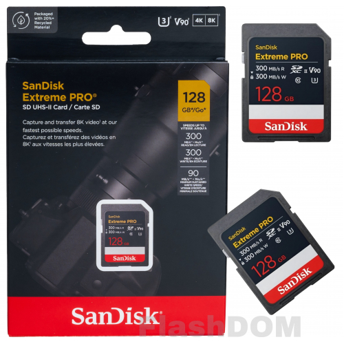 Карта памяти SanDisk Extreme PRO 8K-Video 128 ГБ SDXC Class 10 UHS-II V90, 300/300 Мб/с