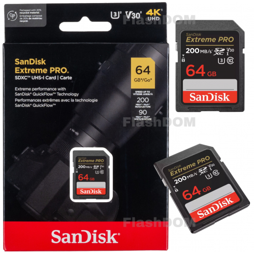 Карта памяти SanDisk Extreme PRO SDXC 64 ГБ Class 10 UHS-I V30 200/90 Мб/с
