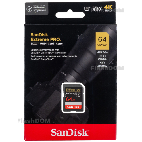Карта памяти SanDisk Extreme PRO SDXC 64 ГБ Class 10 UHS-I V30 200/90 Мб/с