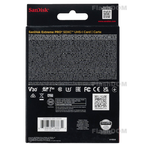 Карта памяти SanDisk Extreme PRO SDXC 128 ГБ Class 10 UHS-I V30 200/90 Мб/с