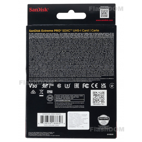 Карта памяти SanDisk Extreme PRO SDXC 256 ГБ Class 10 UHS-I V30 200/140 Мб/с
