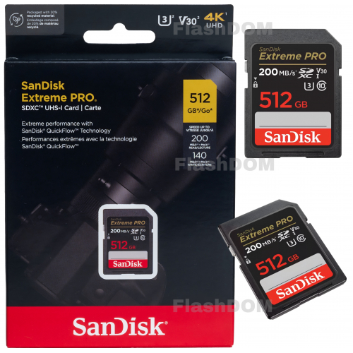 Карта памяти SanDisk Extreme PRO SDXC 512 ГБ Class 10 UHS-I V30 200/140 Мб/с