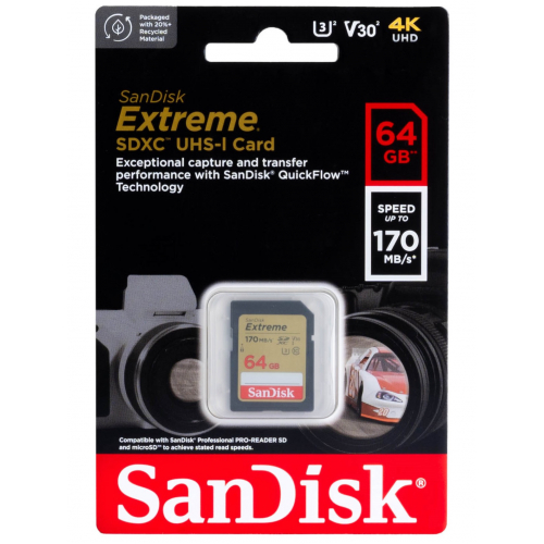 Карта памяти SanDisk Extreme SDXC  064 ГБ Class 10 UHS-I V30 170/80 Мб/с