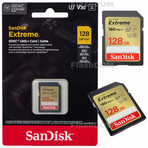 Карта памяти SanDisk Extreme SDXC 128 ГБ Class 10 UHS-I U3 V30 180/90 МБ/с