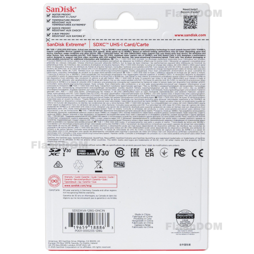 Карта памяти SanDisk Extreme SDXC 128 ГБ Class 10 UHS-I U3 V30 180/90 МБ/с