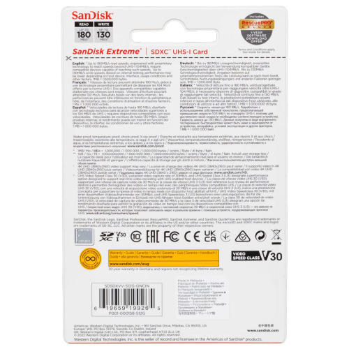 Карта памяти SanDisk Extreme SDXC 256 ГБ Class 10 UHS-I U3 V30 180/130 Мб/с
