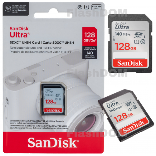 Карта памяти SanDisk Ultra SDXC 128 ГБ Class 10 UHS-I, 140 Мб/с