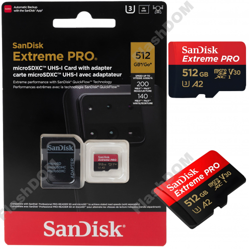 Карта памяти SanDisk Extreme PRO microSDXC 512 ГБ UHS-I, 200/140 Мб/с + SD адаптер