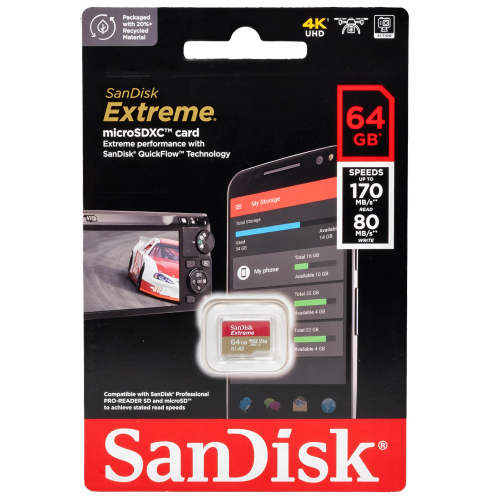 Карта памяти SanDisk Extreme microSDXC 64 ГБ Class 10 UHS-I V30 A2, 170/80 Mb/s
