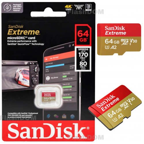 Карта памяти SanDisk Extreme microSDXC 64 ГБ Class 10 UHS-I V30 A2, 170/80 Mb/s