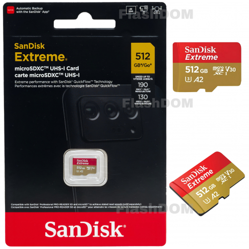 Карта памяти SanDisk Extreme microSDXC 512 ГБ Class 10 UHS-I A2, 190/130 Мб/с