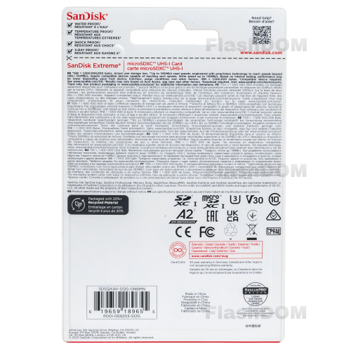 Карта памяти SanDisk Extreme microSDXC 512 ГБ Class 10 UHS-I A2, 190/130 Мб/с