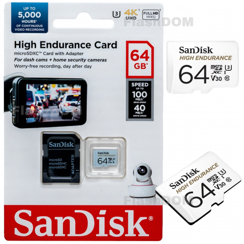 Карта памяти SanDisk MicroSDXC High Endurance Video Monitoring Card 064 ГБ Class 10 UHS-I U3, 100 Мб/с + SD адаптер