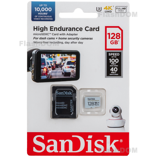 Карта памяти SanDisk MicroSDXC High Endurance Video Monitoring Card 128 ГБ Class 10 UHS-I U3, 100 Мб/с + SD адаптер