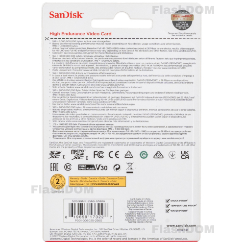 Карта памяти SanDisk MicroSDXC High Endurance Video Monitoring Card 256 ГБ Class 10 UHS-I U3, 100 Мб/с + SD адаптер