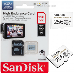 Карта памяти SanDisk MicroSDXC High Endurance Video Monitoring Card 256 ГБ Class 10 UHS-I U3, 100 Мб/с + SD адаптер