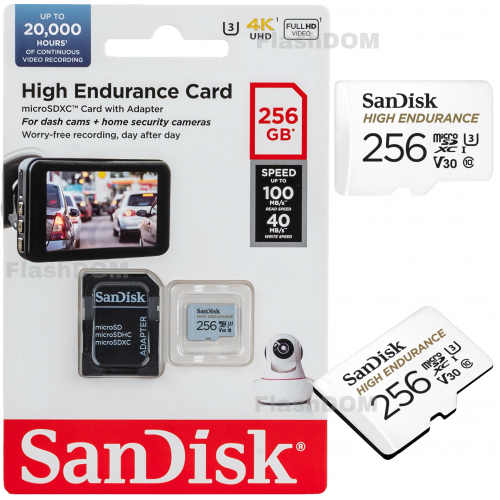Карта памяти SanDisk MicroSDXC High Endurance Video Monitoring Card 256 ГБ Class 10 UHS-I U3, 100 Мб/с + SD адаптер