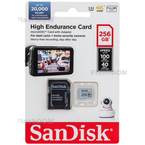 Карта памяти SanDisk MicroSDXC High Endurance Video Monitoring Card 256 ГБ Class 10 UHS-I U3, 100 Мб/с + SD адаптер