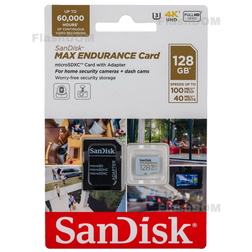 Карта памяти SanDisk MicroSDXC 128 ГБ MAX Endurance Home Security Card Class 10 UHS-I U3, 100 Мб/с + SD адаптер