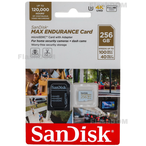 Карта памяти SanDisk MicroSDXC 256 ГБ  MAX Endurance Home Security Card Class 10 UHS-I U3, 100 Мб/с + SD адаптер
