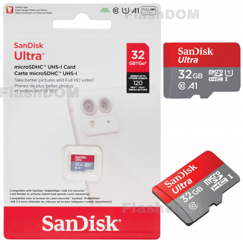 Карта памяти SanDisk Ultra microSDHC 32 ГБ Class 10 UHS-I A1, 120 Мб/с