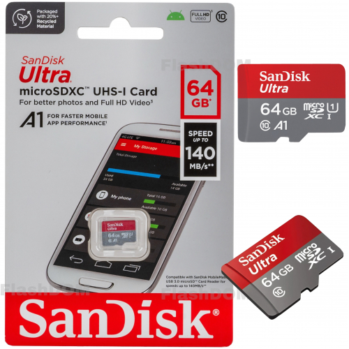 Карта памяти SanDisk microSDXC 064 ГБ Ultra Class 10 UHS-I A1, 140 Мб/с