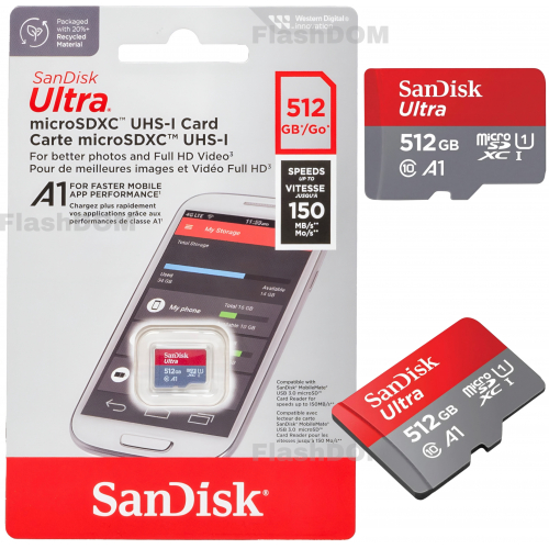 Карта памяти SanDisk microSD 512 ГБ Ultra Class 10 UHS-I A1, 150 Мб/с