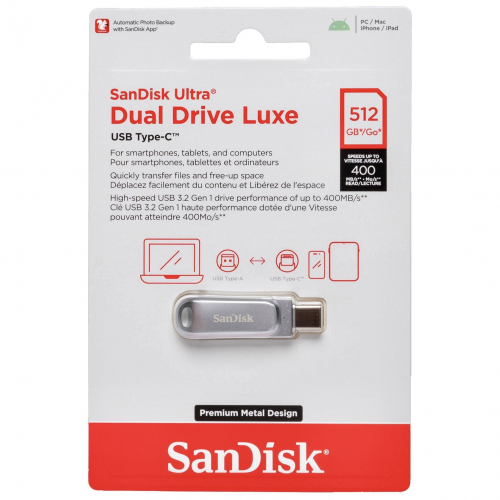 Флэш карта Ultra Dual Drive Luxe - 512 ГБ с интерфейсом USB Type-C/Type-A, 400 Мб/с