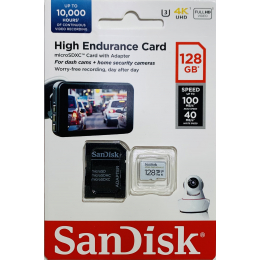 Карта памяти SanDisk MicroSDXC High Endurance Video Monitoring Card 128 ГБ Class 10 UHS-I U3, 100 Мб/с + SD адаптер
